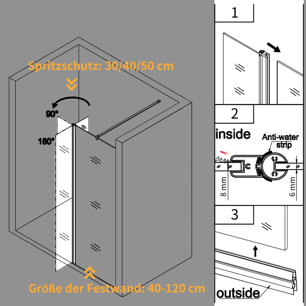 HOCHSTADL Schwenktür als Spritzschutz Walk In Duschabtrennung Höhe 195/200 cm Breite  30 / 40 / 50 cm