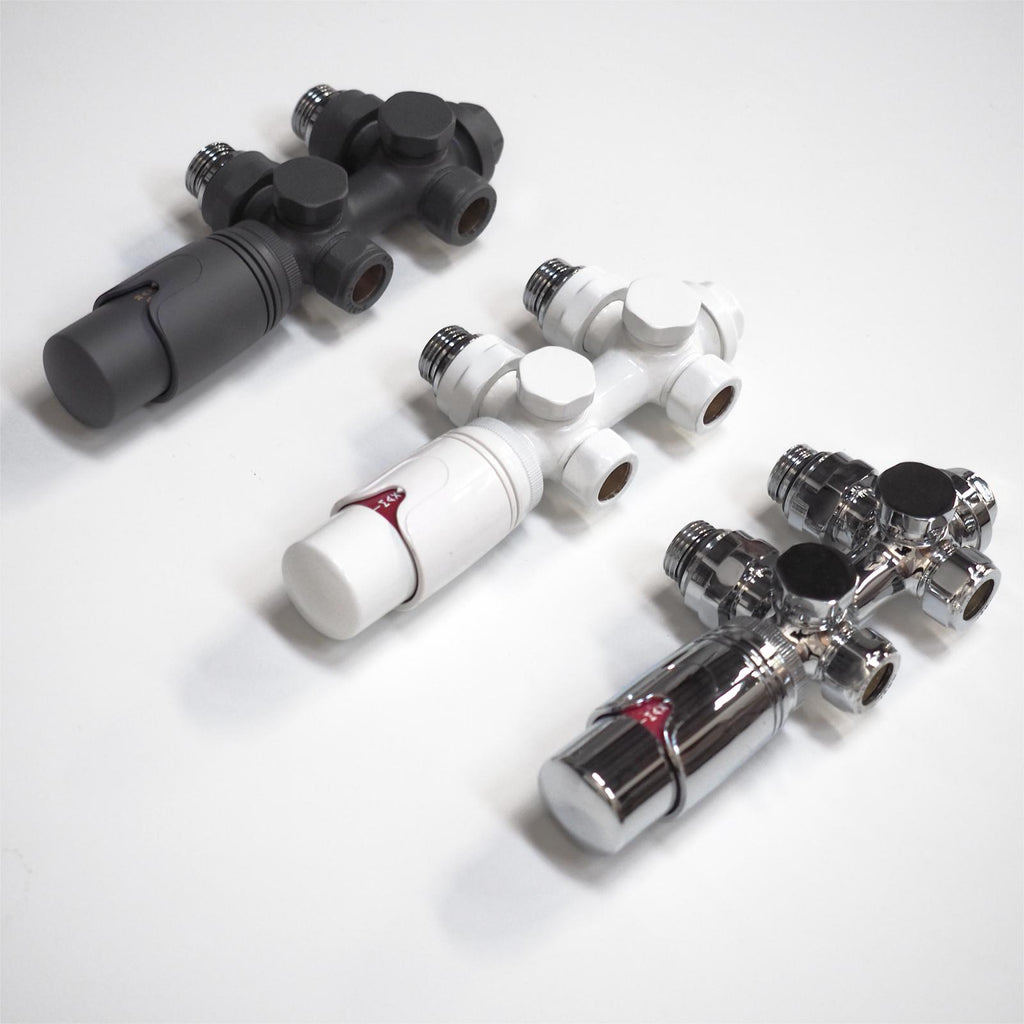 Multiblock Set für einen Heizkörperanschluss mit Abstand in 50 mm Anschlussarmatur Eck-Durchgang Chrom / Weiß / Anthrazit