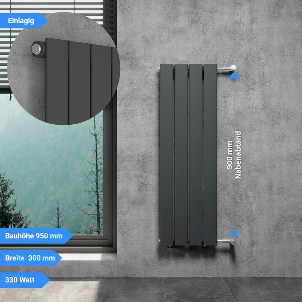 POSTA Designheizkörper Austausch Paneelheizkörper Flachheizkörper mit Seitenanschluss NA 900 mm Bauhöhe 950 mm Anthrazit
