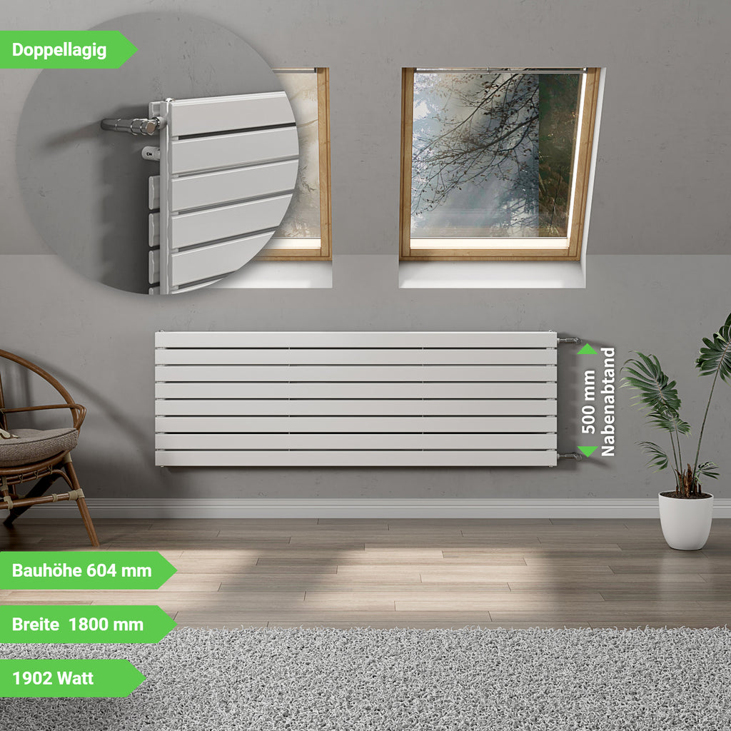 TÖDI Designheizkörper Austausch Paneelheizkörper Flachheizkörper mit Seitenanschluss Nabenabstand 500 mm Bauhöhe 600 mm weiß doppellagig Breite 1800 mm 1903 Watt