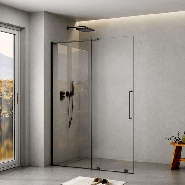 SULZBERG Walk In Duschabtrennung Schiebetür ESG Klarglas mit Nano Beschichtung Glasstärke 8 mm schwarz matt - WITEN&NOCK