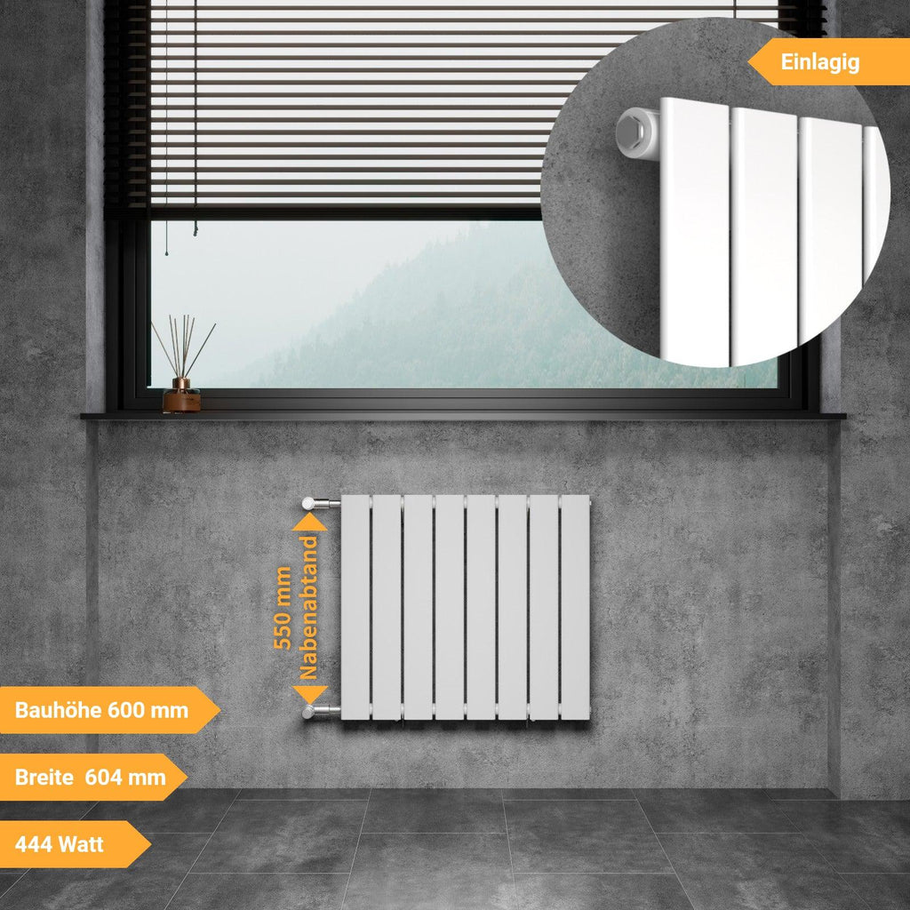 AULT Designheizkörper Austausch Paneelheizkörper Flachheizkörper mit Seitenanschluss Bauhöhe 600 mm Nabenabstand 550 mm Weiß Einlagig Breite 604 mm 444 Watt - WITEN&NOCK