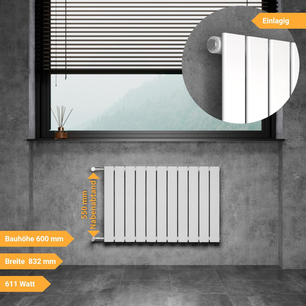 AULT Designheizkörper Austausch Paneelheizkörper Flachheizkörper mit Seitenanschluss Bauhöhe 600 mm Nabenabstand 550 mm Weiß Einlagig Breite 832 mm 611 Watt - WITEN&NOCK