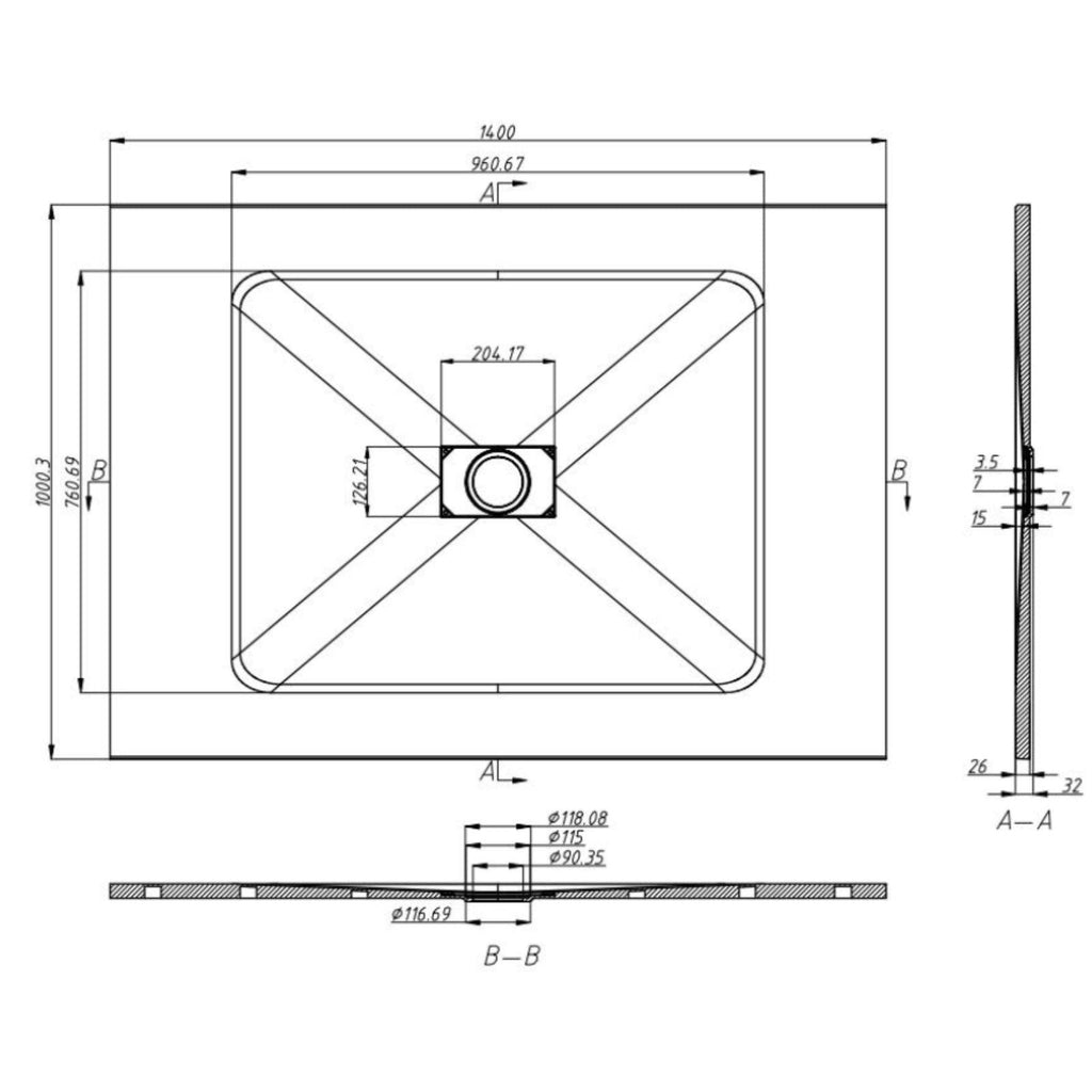 WITEN&NOCK Duschwanne 120x100 Cm – SMC-Material, Weiß, Antirutsch, Nur 3,2 Cm Höhe – Inkl. 90 Mm Siphon & Edelstahl-Abfluss
